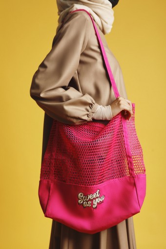Mesh Embroidered Tote Bag Pink